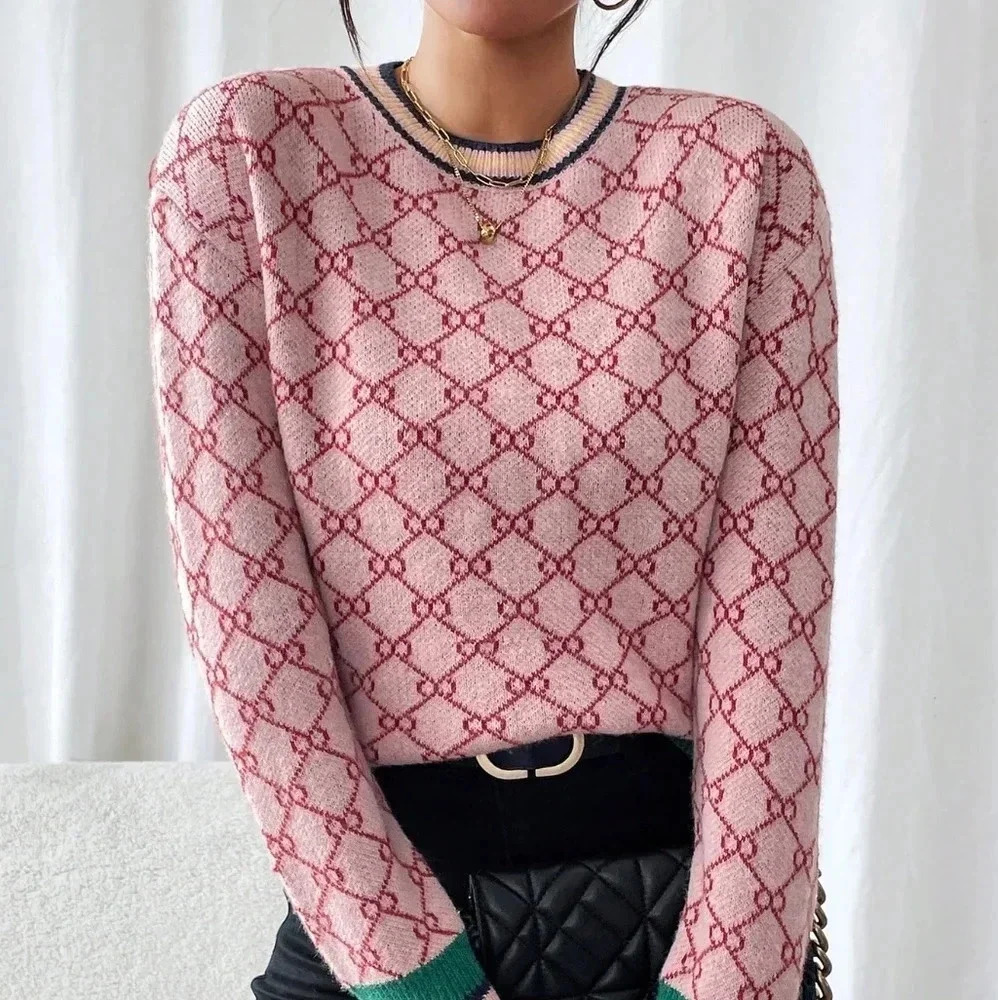 Allover Print Colorblock Crew Neck Long Sleeve Sweater - Picture 6 of 6